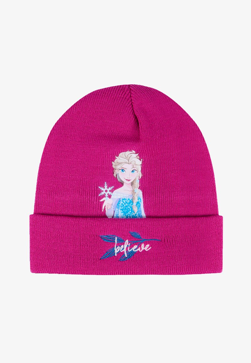 Różowa wełniana czapka z charakterystycznym wzorem przedstawiającym postać z blond włosami i niebieską sukienką, trzymającą kryształy lodu, z haftem "uwierz".