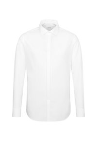 Męska biała koszula z długim rękawem, z ostrym kołnierzem i ukrytą listwą guzikową, prezentowana na jednolitym białym tle.