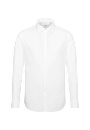 Men's white long-sleeve dress shirt with a pointed collar and concealed button placket, displayed on a plain white background.