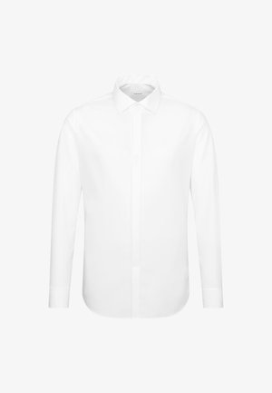 Herren weißes Langarm-Hemd mit spitzem Kragen und verdeckter Knopfleiste, dargestellt auf weißem Hintergrund.