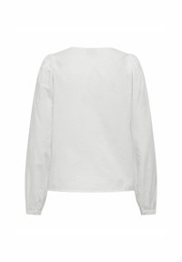 Weiße Bluse mit langen Ärmeln, runder Halslinie, puffärmeligen Ärmel und Knopfüffnungen an den Ärmeln. Glattes Material mit einem schlichten Design und ohne sichtbare Muster.