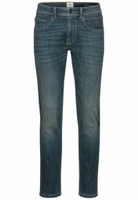 Jeans z denimu w ciemnoniebieskim kolorze o regularnym kroju, z pięcioma kieszeniami i delikatnym przetarciem. Posiadają zamek błyskawiczny oraz metalowy guzik zapinający w talii.