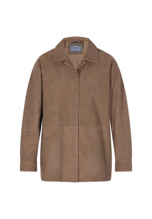 Brown suede jacket with a collared neckline, long sleeves, and a straight cut. Features minimal stitching and a sleek, smooth texture.