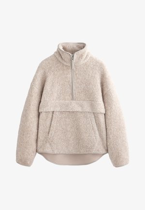 Beige, strukturierter Fleece-Pullover mit hohem Kragen, halblangem Reißverschluss und Fronttasche. Verfügt über weite Ärmel und einen abgerundeten Saum.