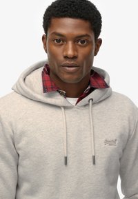 Lichtgrijze hoodie met een trekkoord, met daaronder een rood geruit overhemdkraag. Logo geborduurd op de borst, gladde textuur.