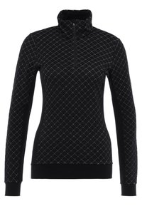 Mustat fleece-huppari, jossa on neljännes-vetoketju. Varustettu hopealangasta tehdyllä timanttikuviolla ja istuvilla pitkillä hihoilla. Pehmeä pinta.