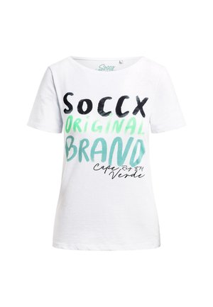 Weißes Baumwoll-T-Shirt mit fettem schwarzem und mintgrünem Text: "SOCCX ORIGINAL BRAND" und unten "Cape Verde" in kursiver Schrift.