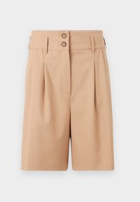 Beige shorts with a high waist, two front pleats, and two button closures at the waistband. Fabric appears smooth and structured.