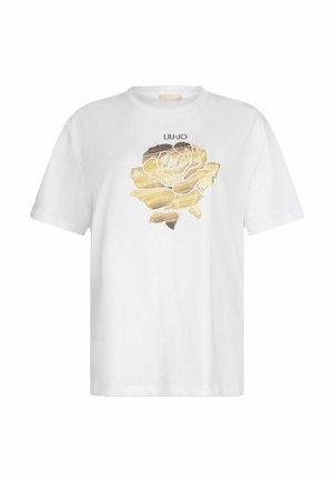 T-shirt blanc à manches courtes présentant un graphisme de rose dorée et noire avec le logo "LIU JO" au-dessus du design. Matériau en coton avec une coupe classique.