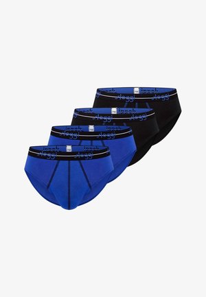 Four men's briefs in black and blue, each with a black waistband featuring "sloggi" branding in blue.