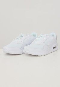 Zapatillas deportivas blancas con parte superior de malla y sintético, textura suave, diseño de cordones y collar acolchado. Presenta una amortiguación de aire visible en la suela.