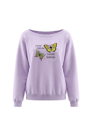 Lilla langærmet sweatshirt med bred udskæring, med en gul og grøn sommerfugl-grafik og teksten "Colorful Butterfly."