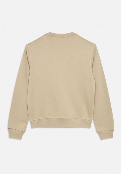 Μπεζ φούτερ με μακρύ μανίκι και λαιμόκοψη crew, με ριμπ μανσέτες και τελείωμα, εμφανιζόμενο από πίσω σε λευκό φόντο.