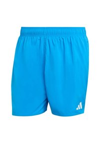 Blaue Sportshorts mit elastischem Bund, aus leichtem Polyester material und einem weißen Logoakzent an der unteren Seite.