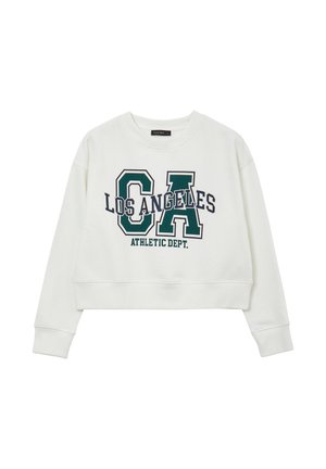 Felpa bianca corta con collo rotondo, dotata di stampe "LOS ANGELES" e "ATHLETIC DEPT." in verde scuro e blu navy. Texture morbida.