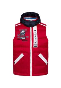 Red puffer vest with navy hood, front zip, and two white-accented pockets. Features printed text and logo details on the chest.