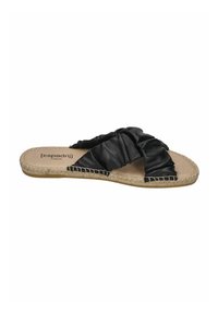 Black fabric slide sandal with twisted upper design, textured surface, and beige textured sole with braided edging. Brand logo on footbed.