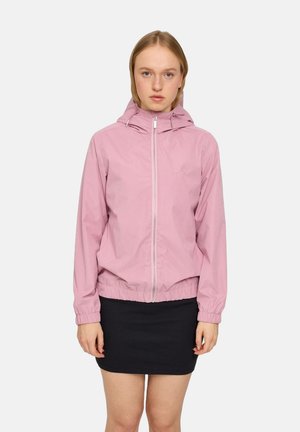 Leichte rosa Windjacke mit Reißverschluss vorne, elastischen Bündchen und gerafftem Saum. Kapuzen-Design mit minimaler Markenkennzeichnung auf der Brust.