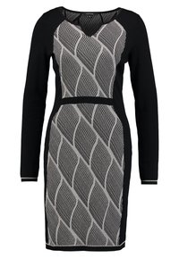 Robe noire cintrée à manches longues avec des motifs abstraits gris en forme de vague sur le panneau avant et un petit décolleté en V.