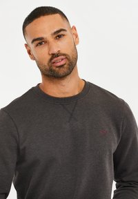 Dunkelgrauer Sweatshirt mit Rundhalsausschnitt, das ein dezentes rotes Logo auf der linken Brust und einen strukturierten Stoff mit glatter Oberfläche aufweist.