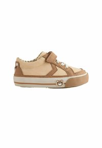 Basket beige et marron pour tout-petit avec lacets blancs, bride velcro et décoration visage d’ours sur la semelle et le talon.