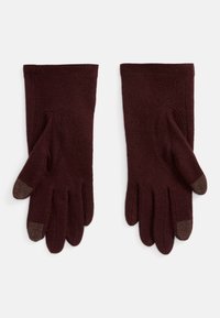 Burgundy handskar gjorda av mjukt tyg, med fem fingrar, strukturerade fingertoppar för grepp och en slät yta.