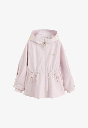 Lyserød hættejakke med foran lynlås, justerbare taljetråde, lynlåslommer og guld "Baker" branding på bryst og hætte.