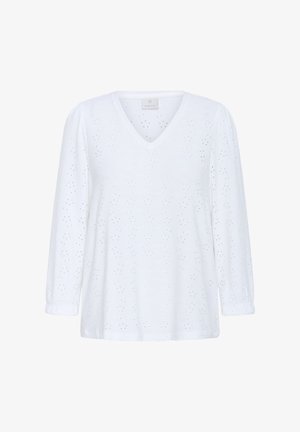 Bela, dolga majica z v-izrezom in očesno teksturo ter subtilnimi vzorci. Ima napihnjene rokave in sproščen kroj, izdelana iz lahkotnega materiala.