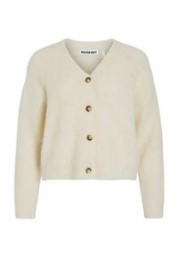 Slonokoščena kratek cardigan z V-izrezom, z petimi lesenimi gumbi spredaj, mehka tekstura in dolgi rokavi.