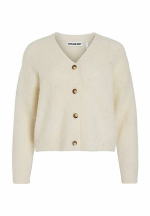 Slonokoščena kratek cardigan z V-izrezom, z petimi lesenimi gumbi spredaj, mehka tekstura in dolgi rokavi.