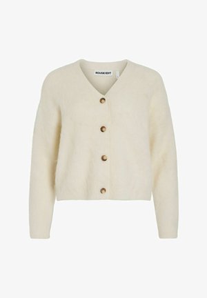 Bjelkasto kratki kardigan s V-izrezom, s pet drvenih gumbi na prednjoj strani, mekan tekstura i dugi rukavi.