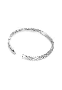 Bracciale in metallo argentato con anelli piatti alternati a dettagli sferici, progettato in una forma flessibile e aperta con chiusura a gancio.