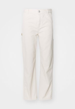 White cotton cargo pants with a straight leg design, featuring side pockets and a button closure at the waist. Smooth texture.