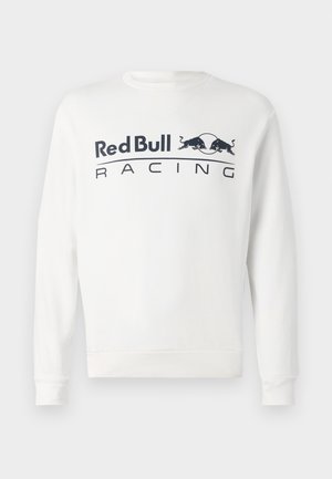 White long-sleeve sweatshirt with "Red Bull Racing" text and two bulls logo in black centered on the chest.