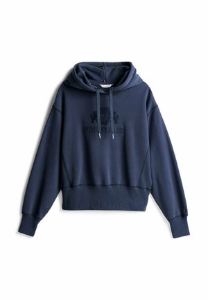 Dunkelblauer Pullover-Hoodie aus weichem Stoff; mit einer Kängurutasche, gerippten Bündchen und Kordeln, samt einem gestickten Logo auf der Vorderseite.