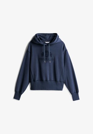 Dunkelblauer Pullover-Hoodie aus weichem Stoff; mit einer Kängurutasche, gerippten Bündchen und Kordeln, samt einem gestickten Logo auf der Vorderseite.