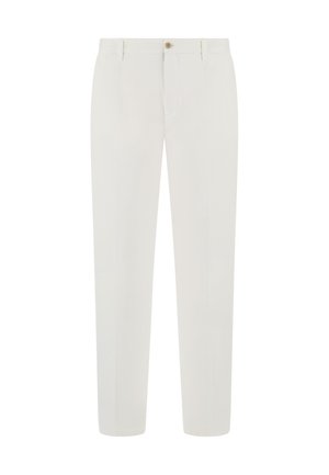 Pantalon blanc ajusté avec passants de ceinture, fermeture à bouton et zip à l'avant, et coupe droite.