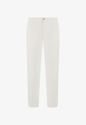 Pantalon blanc ajusté avec passants de ceinture, fermeture à bouton et zip à l'avant, et coupe droite.