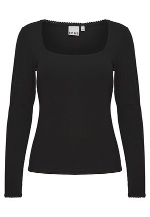 Schwarzes Langarmoberteil mit quadratischem Ausschnitt, gerippter Textur und gewelltem Saum entlang des Ausschnitts und der Ärmel. Hergestellt aus weichem, dehnbarem Stoff.