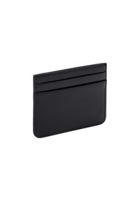 Czarny skórzany portfel na karty z trzema przegródkami na jednej stronie oraz gładkim, minimalistycznym designem z czystym przeszyciem.