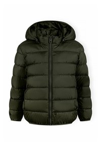 Doudoune vert olive avec capuche, dotée d'une fermeture éclair à l'avant, d'une texture matelassée et de poignet élastiques. Design léger pour la chaleur.
