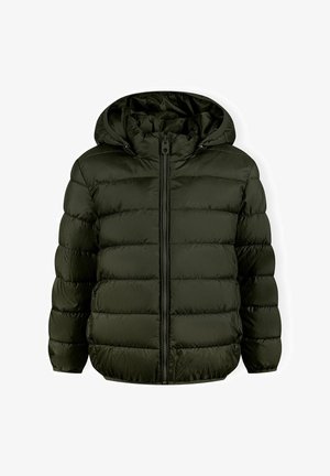 Olijfgroene gewatteerde jas met capuchon, voorzien van een volledige rits aan de voorkant, een gequilt oppervlak en elastische manchetten. Lichtgewicht ontwerp voor warmte.