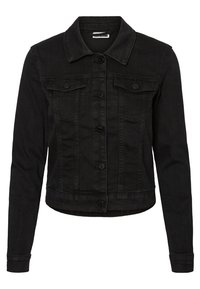 Chaqueta de denim negra con cuello clásico, mangas largas, dos bolsillos en el pecho, cierre frontal con botones y bajo recortado.