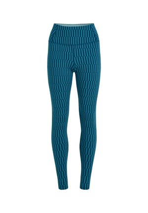 Leggings color teal con un motivo geometrico di strisce verticali e orizzontali alternate. Tessuto elastico con un design a vita alta.