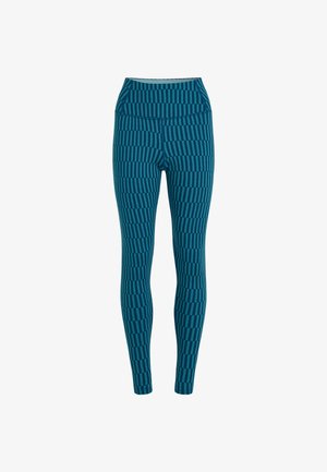 Teal leggings featuring a geometric pattern of alternating vertical and horizontal stripes. Stretchy fabric with a high waist design.