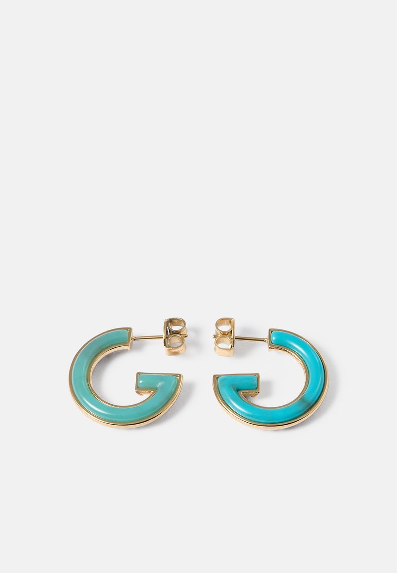Gold hoop earrings with open circular design, filled with glossy turquoise enamel, displayed on a white background, with push-back fasteners.