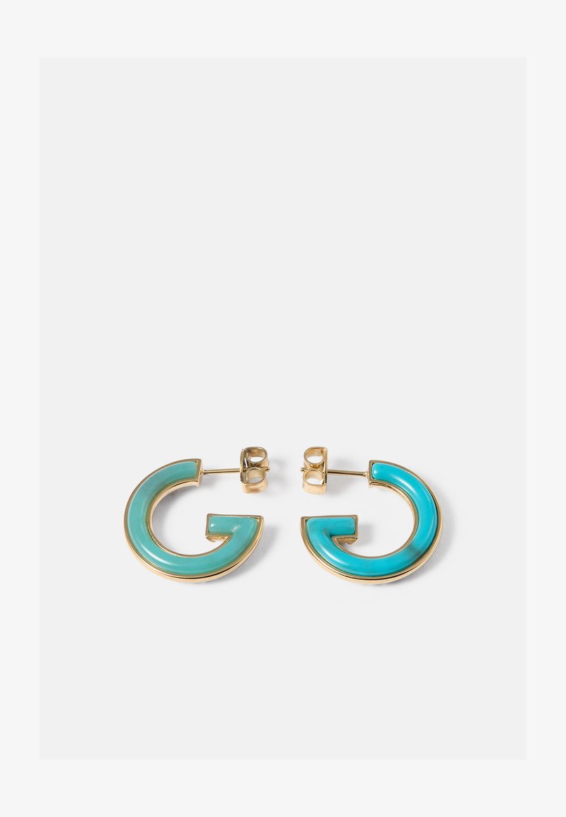 Gold hoop earrings with open circular design, filled with glossy turquoise enamel, displayed on a white background, with push-back fasteners.