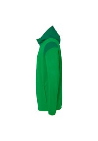 Grüne Kapuzenjacke mit einer kontrastierenden dunkelgrünen Kapuze. Verfügt über einen durchgehenden Reißverschluss, Seitentaschen und eine glatte, weiche Textur.