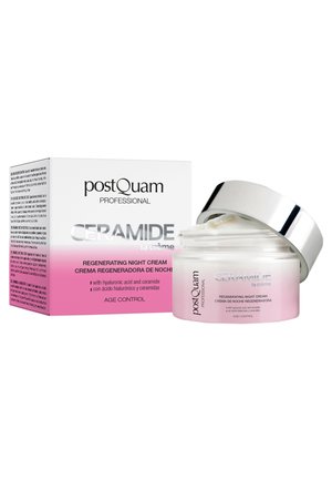 Crema nocturna regeneradora PostQuam Professional con ceramida y ácido hialurónico para el control de la edad, mostrada con caja y tarro abierto.