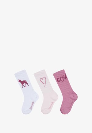 Tre paia di calzini a coste: bianchi con un design di cavallo, rosa con un cuore e rosa scuro con il testo "COOL". Materiale morbido in cotone.
